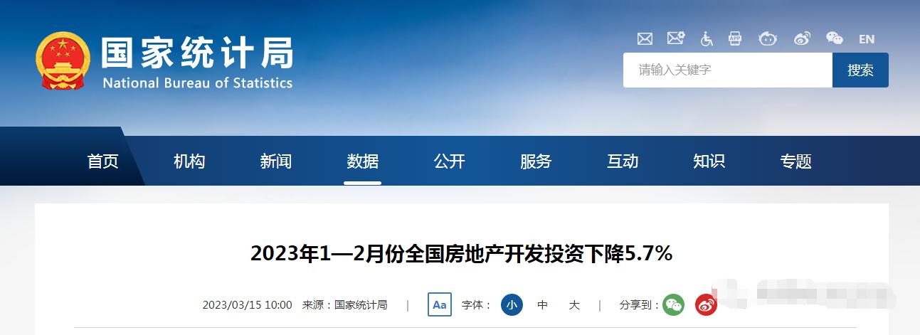 2023年1—2月份全国房地产开发投资下降5.7%(图1)