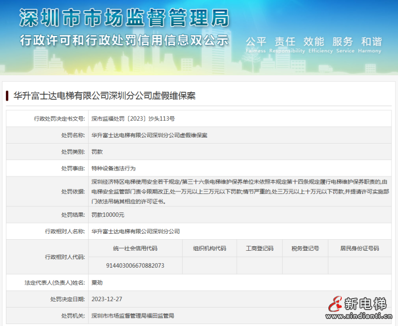 华升富士达电梯有限公司深圳分公司虚假维保案