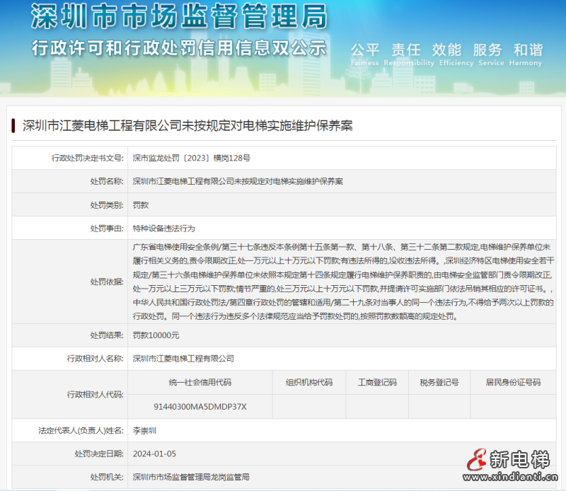 深圳市江菱电梯工程有限公司未按规定对电梯实施维护保养案
