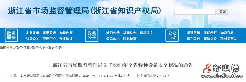 浙江通报2023年全省特种设备安全状况：全省拥有电梯964848台，2023年发生电梯事故0起…