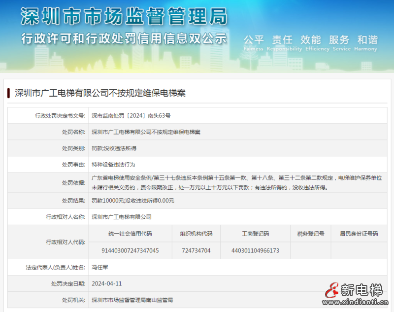 深圳市广工电梯有限公司不按规定维保电梯案