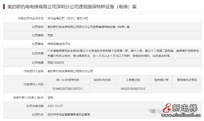 奥的斯机电深圳分公司因虚假维保被罚款10000元