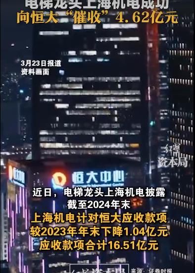 上海机电成功向恒大催收4.62亿元