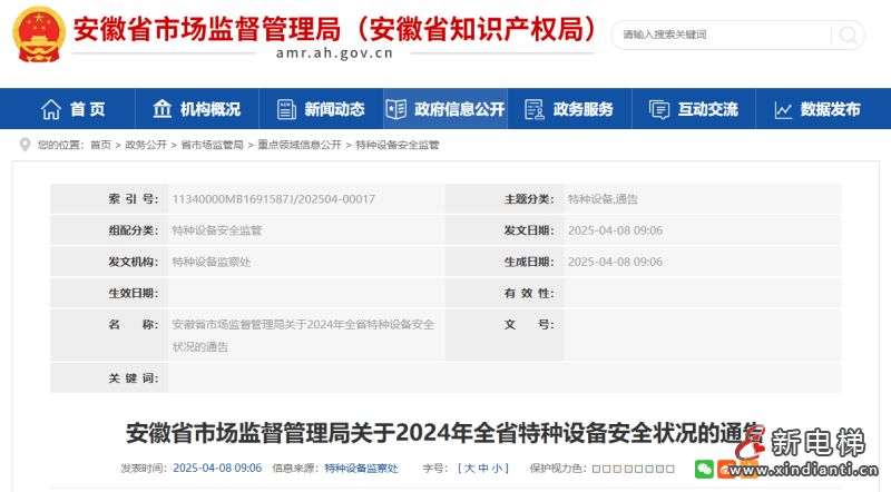 安徽省市监局发布2024年全省特种设备安全状况的通告 全省电梯总量491300台，电梯增加40137台，增幅为8.90%