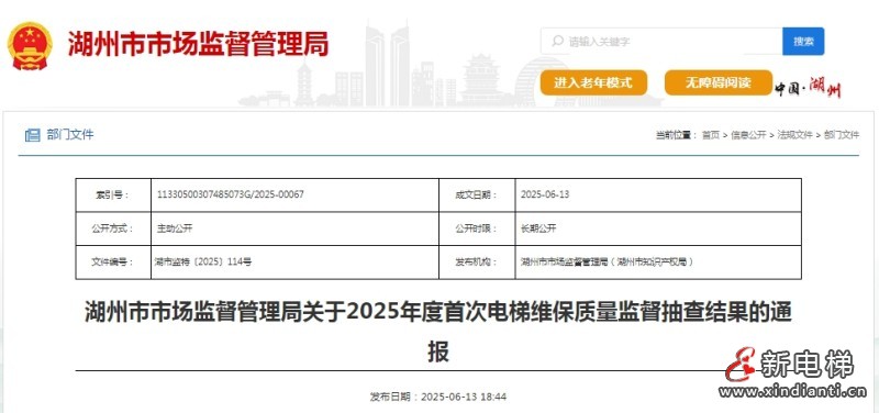 湖州市市场监督管理局关于2025年度首次电梯维保质量监督抽查结果的通报