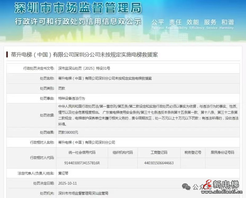 蒂升电梯深圳分公司未按规定实施电梯救援收到罚单