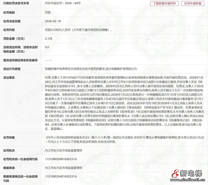 幼儿园放假缺一次维保 广日电梯四川分公司被罚