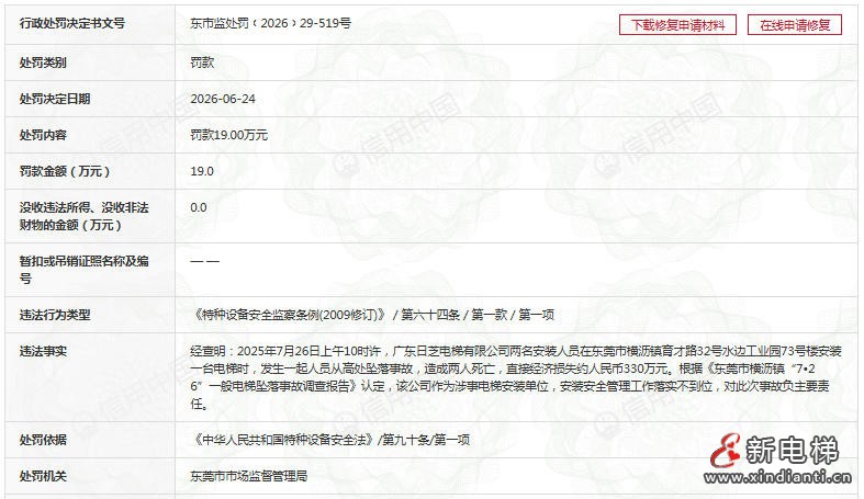 广东东莞“7·26”电梯坠落事故涉事企业被顶格罚款19万元