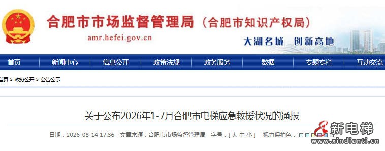 合肥市监总局：公布2026年1-7月合肥市电梯应急救援状况的通报