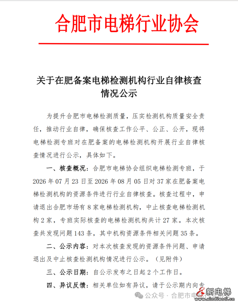 合肥市电梯行业协会发布：关于在肥备案电梯检测机构行业自律核查情况公示(图1)