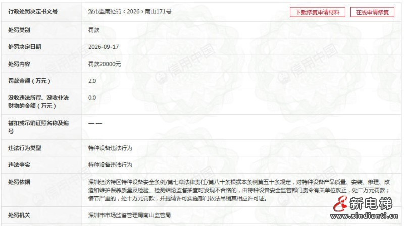 深圳六百顺电梯维保质量抽检不合格 被处二万元罚款