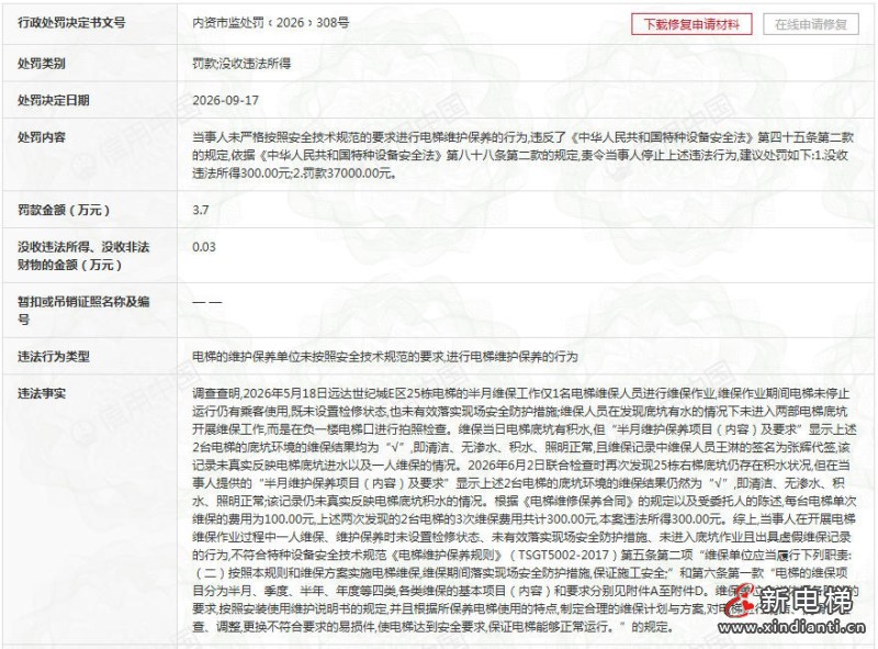杭州西奥电梯四川分公司被查实存在虚假维保等多项违规行为